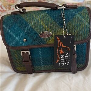 Glen Appin Teal & Green Tweed Shoulder Bag with Brown Trim